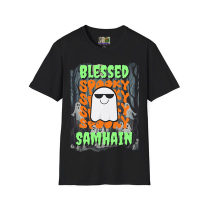 Spooky Blessed Samhain Ghost Green font Unisex T-Shirt by CreepyCrafts.boo