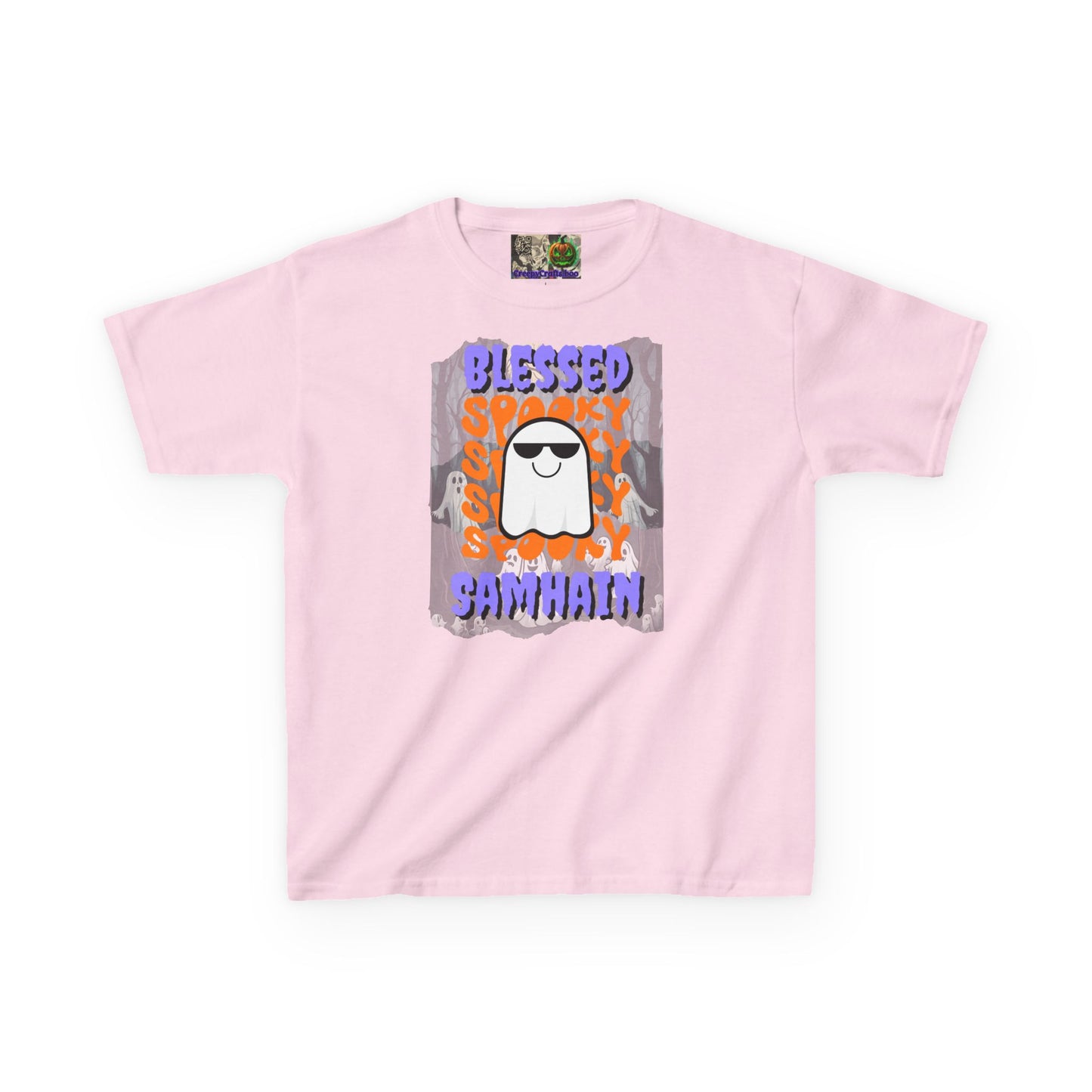 Spooky Blessed Samhain Ghost Purple font Kids Heavy Cotton™ Tee by CreepyCrafts.boo