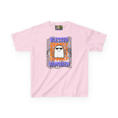 Spooky Blessed Samhain Ghost Purple font Kids Heavy Cotton™ Tee by CreepyCrafts.boo