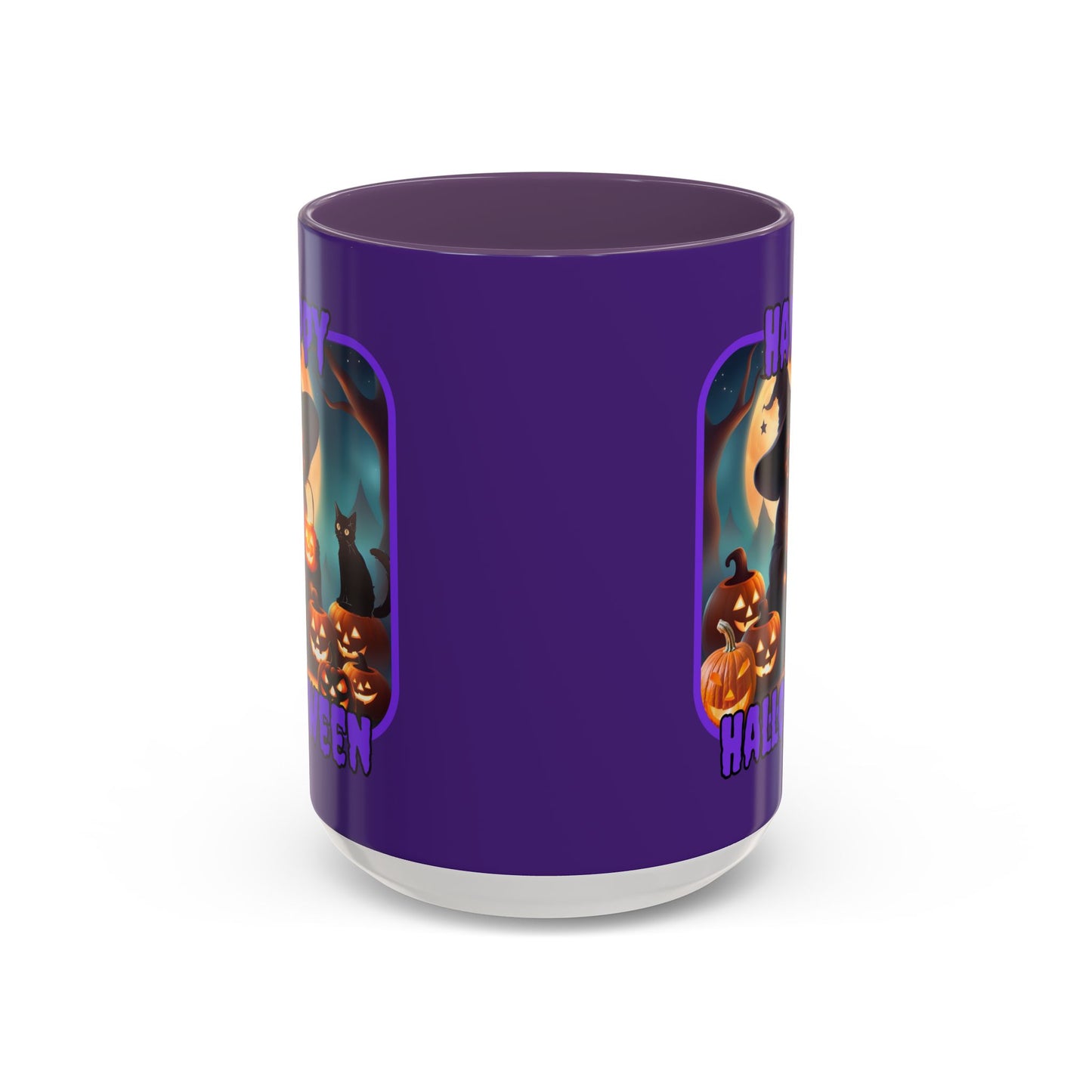 Happy Halloween Cute Witch Purple font Purple Accent Mug by CreepyCrafts.boo