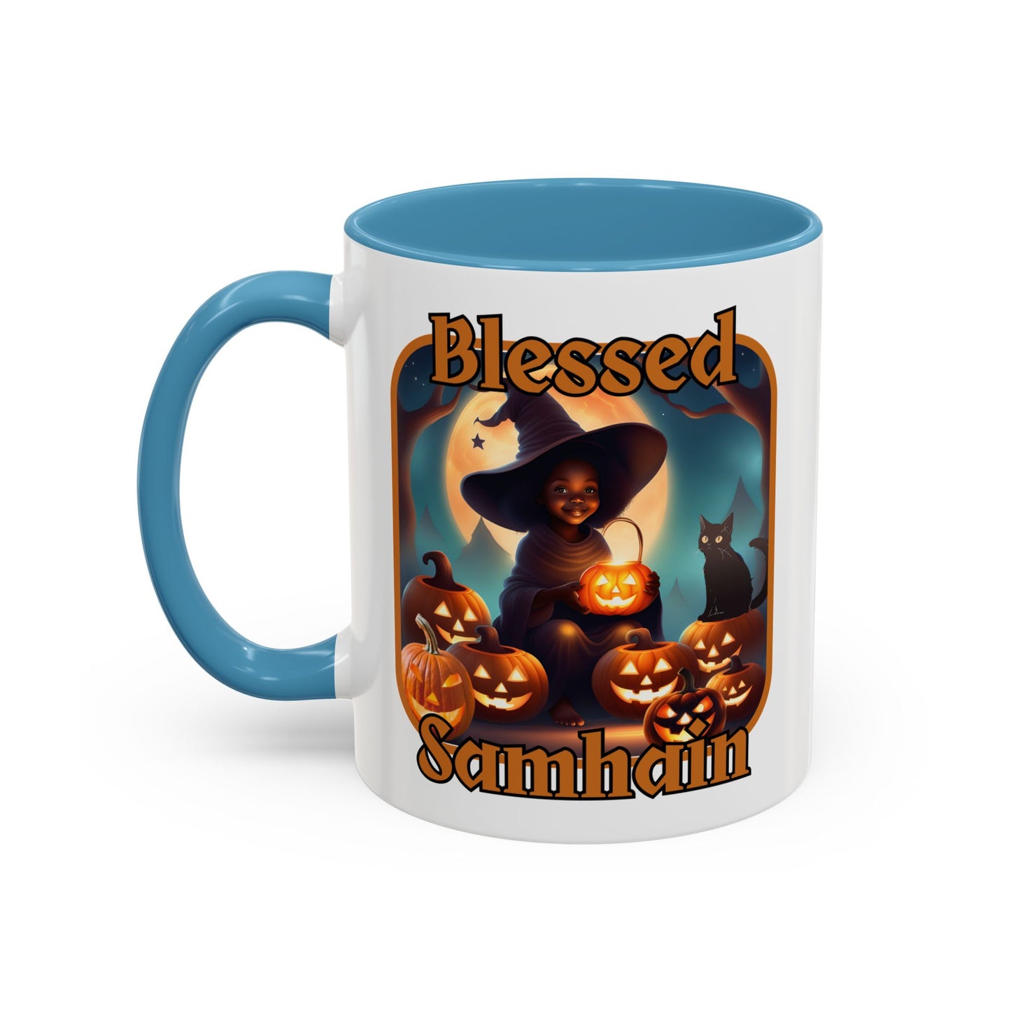 Blessed Samhain Cute Witch Orange font White Accent Mug by CreepyCrafts.boo