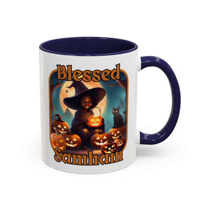 Blessed Samhain Cute Witch Orange font White Accent Mug by CreepyCrafts.boo
