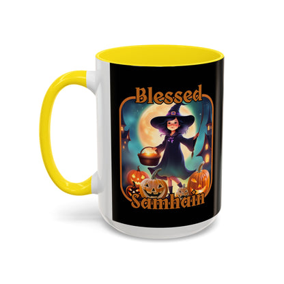 Blessed Samhain Little Witch Orange font Black Accent Mug by CreepyCrafts.boo