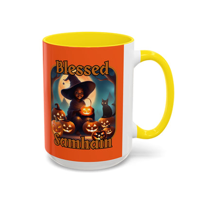 Blessed Samhain Cute Witch Orange font Orange Accent Mug by CreepyCrafts.boo