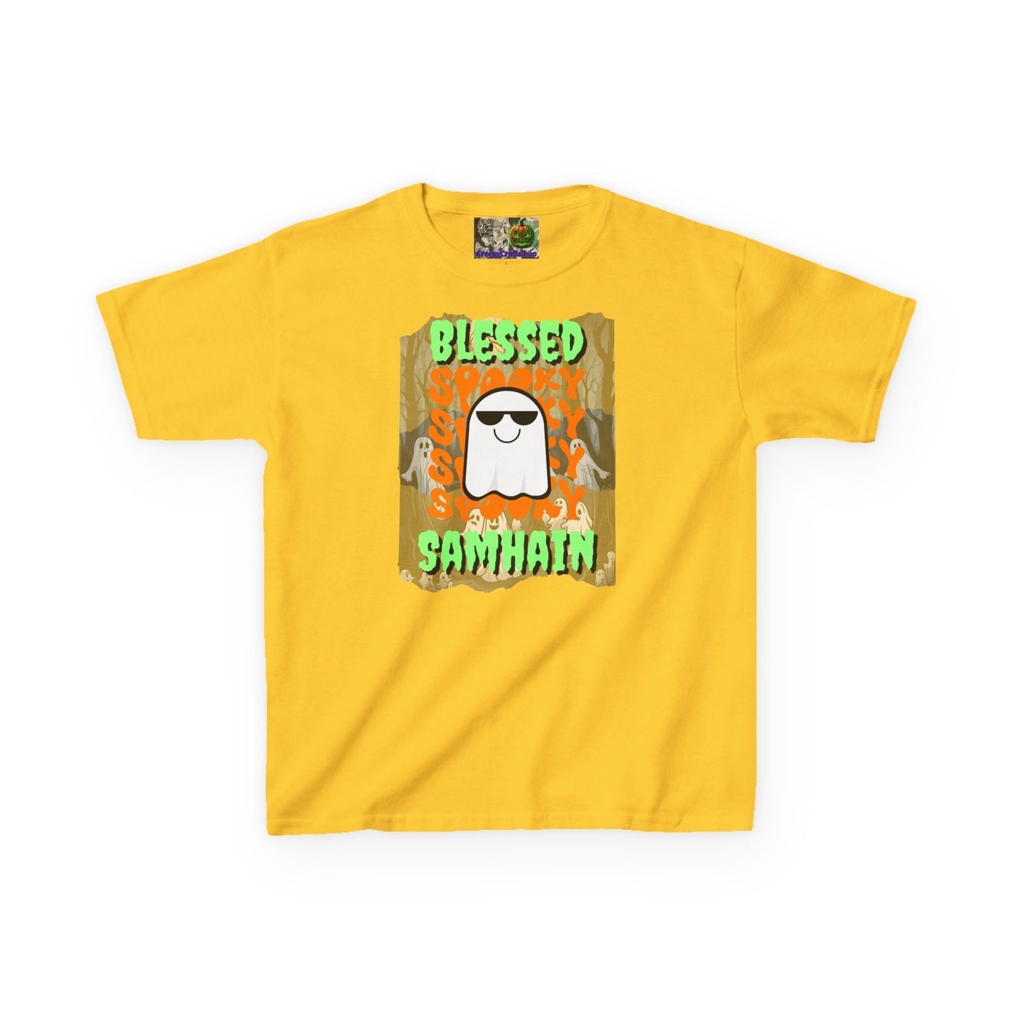 Spooky Blessed Samhain Ghost Green font Kids Heavy Cotton™ Tee by CreepyCrafts.boo