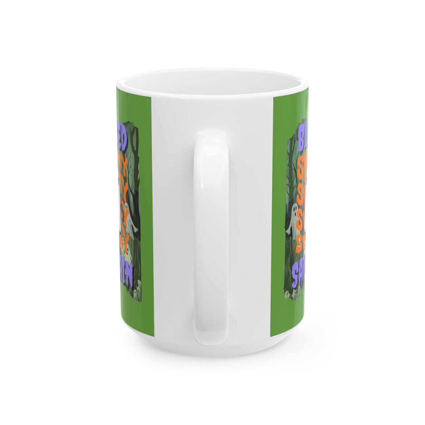 Spooky Blessed Samhain Ghost PRfont Green Mug by cypherpunkgear