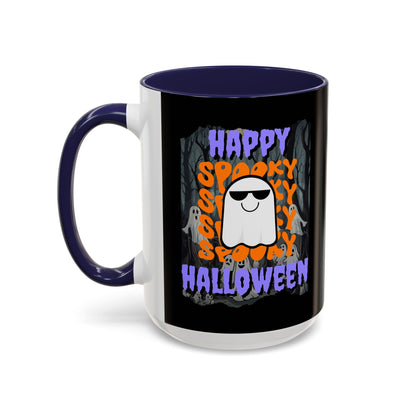 Spooky Happy Halloween Ghost Purple font Black Accent Mug by CreepyCrafts.boo