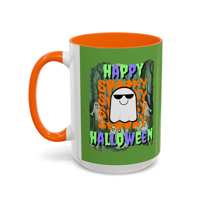 Spooky Happy Halloween Ghost Mixed font Green Accent Mug by CreepyCrafts.boo