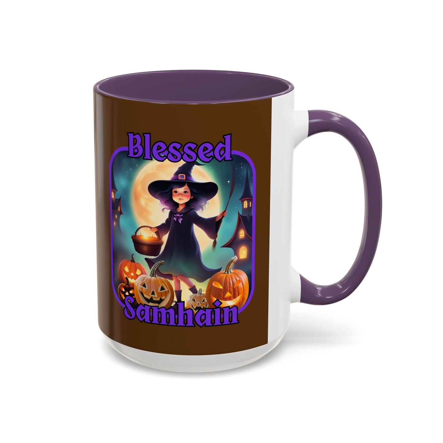 Blessed Samhain Little Witch Purple font Brown Accent Mug by CreepyCrafts.boo