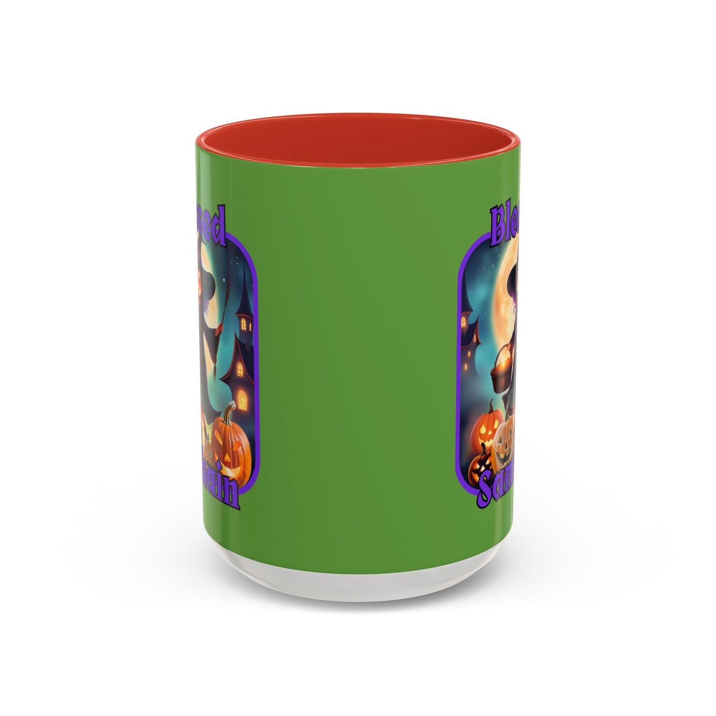 Blessed Samhain Little Witch Purple font Green Accent Mug by CreepyCrafts.boo