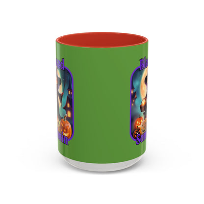Blessed Samhain Little Witch Purple font Green Accent Mug by CreepyCrafts.boo