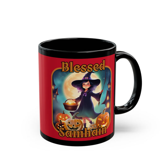 Blessed Samhain Little Witch Orange font Red Mug by CreepyCrafts.boo
