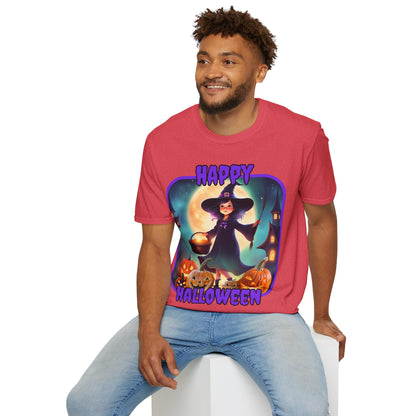 Happy Halloween Little Witch Purple font, Light colors, Unisex T-Shirt by CreepyCrafts.boo