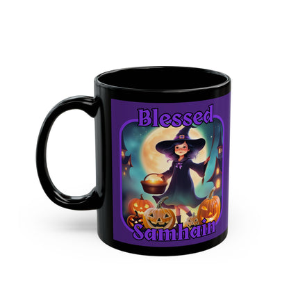 Blessed Samhain Little Witch Purple font Purple Mug by CreepyCrafts.boo