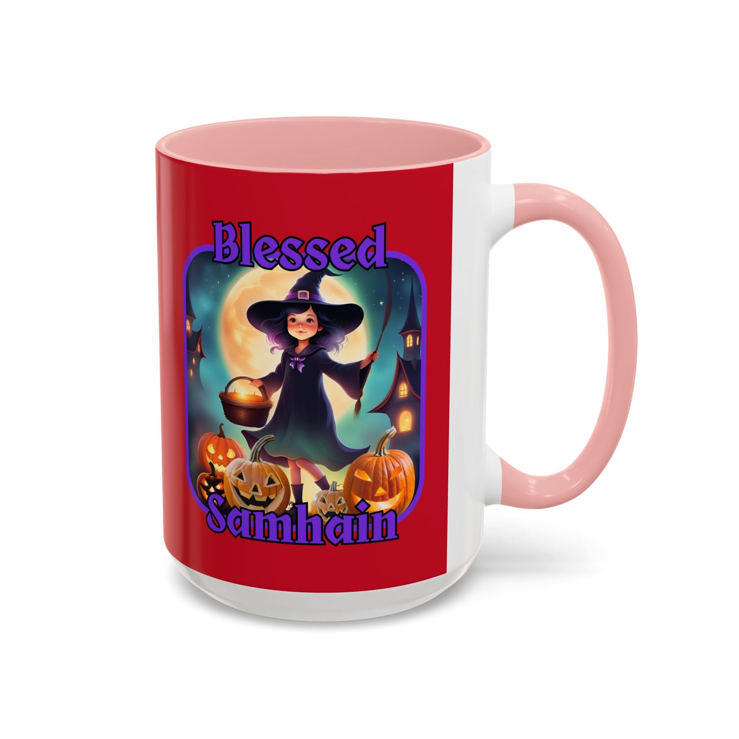 Blessed Samhain Little Witch Purple font Red Accent Mug by CreepyCrafts.boo