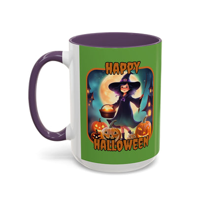 Happy Halloween Little Witch Orange font Green Accent Mug by CreepyCrafts.boo