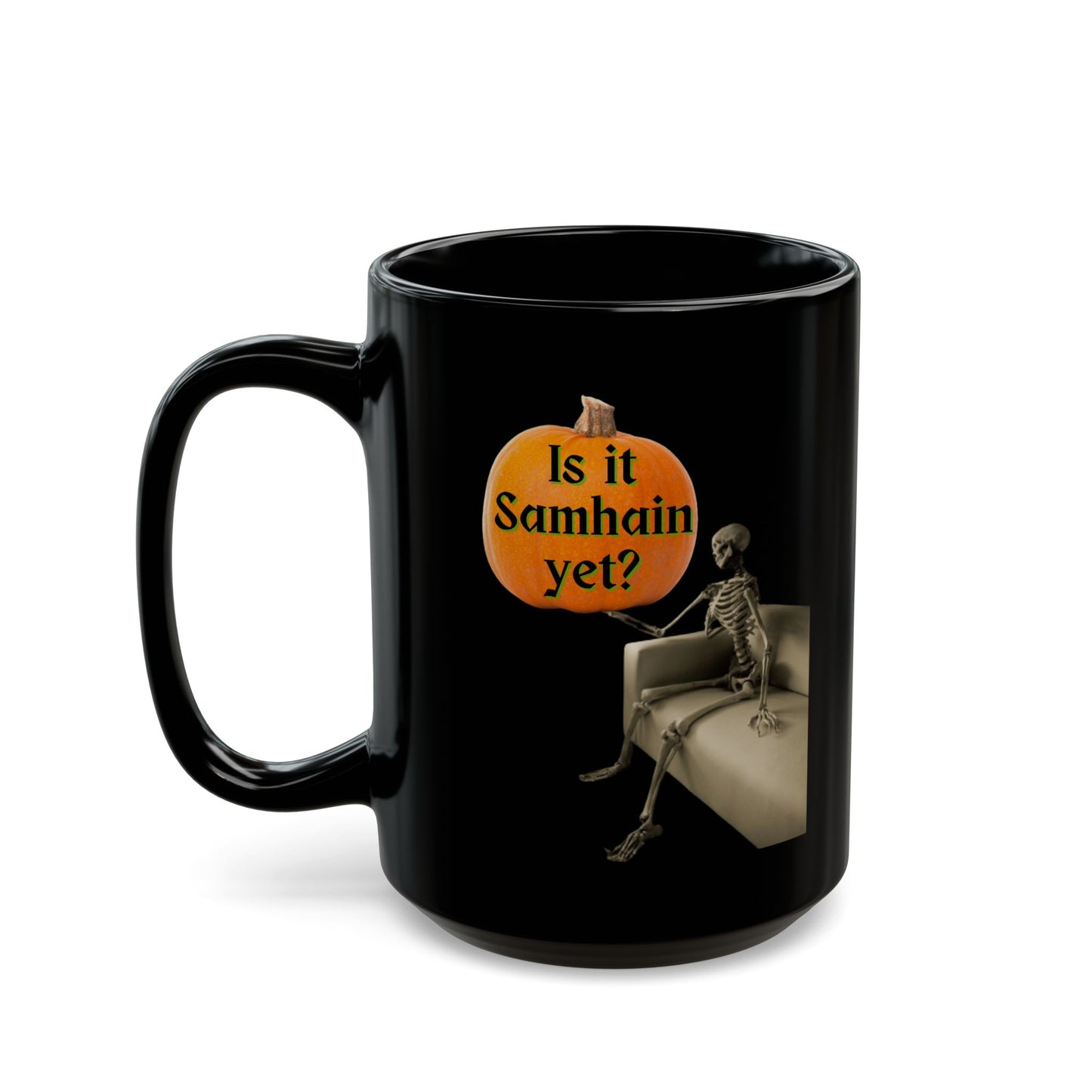 Waiting for Samhain Skeleton Black Mug by cypherpunkgear