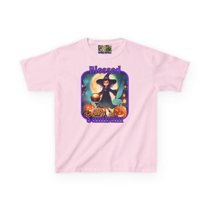 Blessed Samhain Little Witch Purple font Kids Heavy Cotton™ Tee by CreepyCrafts.boo
