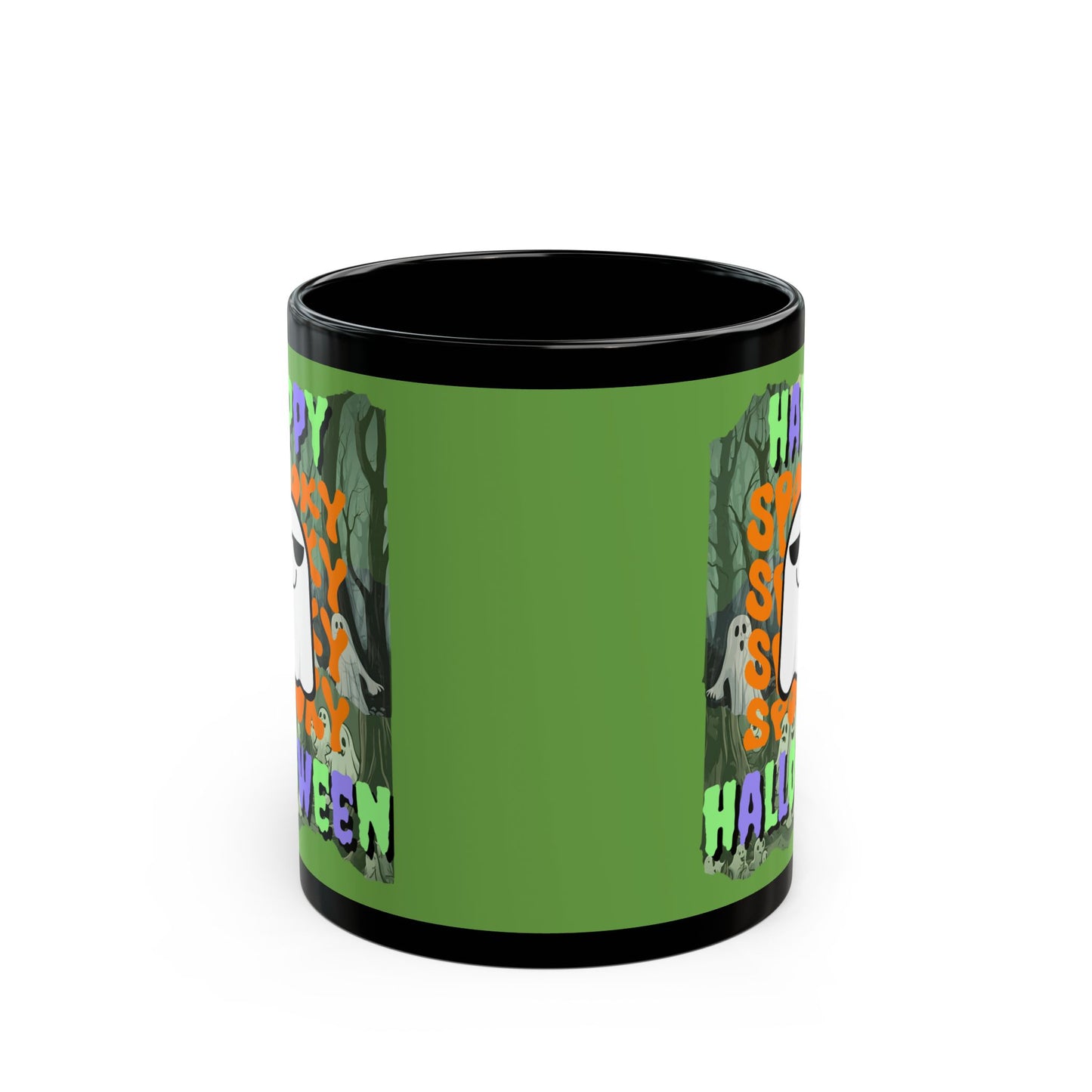 Spooky Happy Halloween Ghost Mixed font Green Mug by CreepyCrafts.boo
