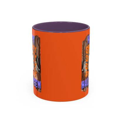 Spooky Happy Halloween Ghost Purple font Orange Accent Mug by CreepyCrafts.boo