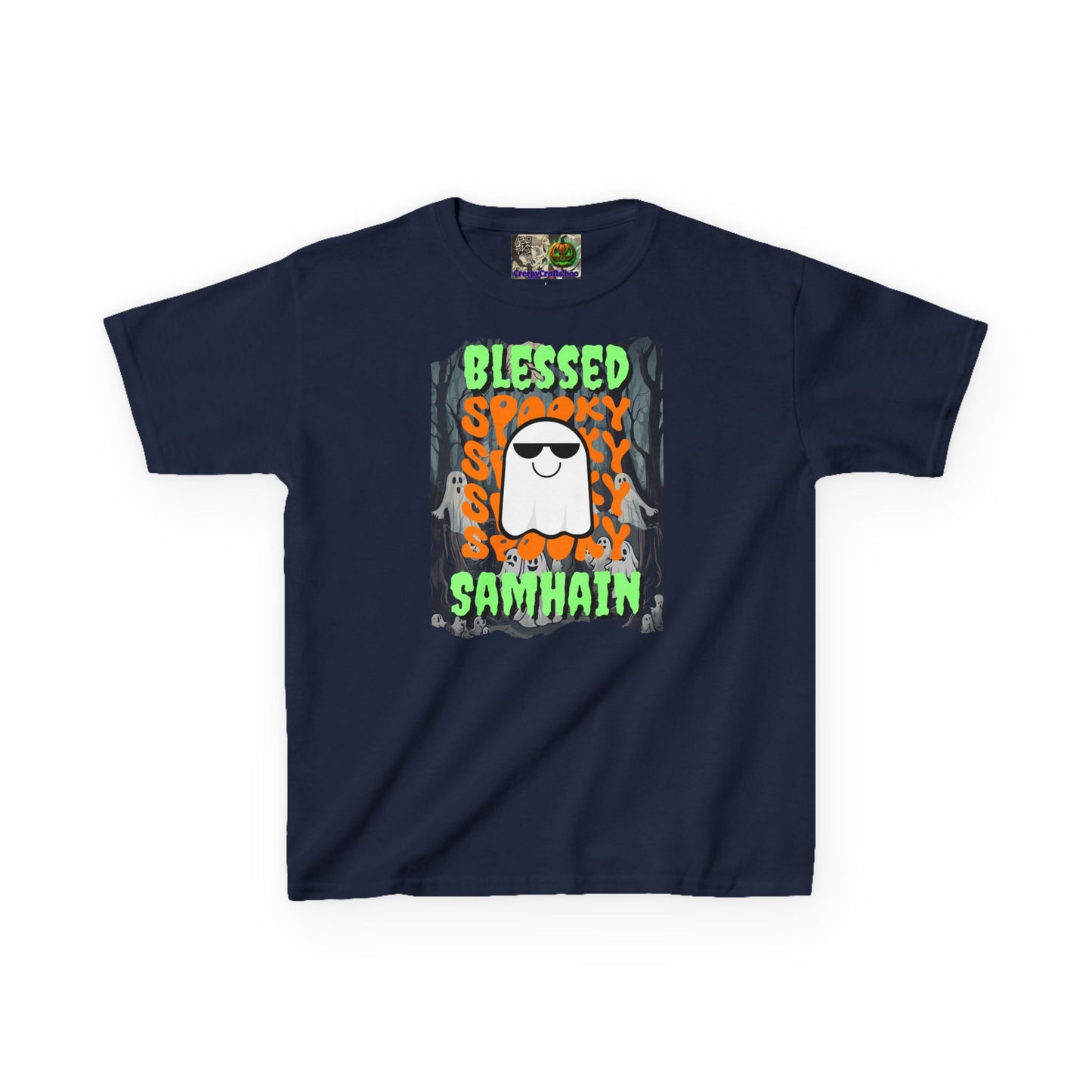 Spooky Blessed Samhain Ghost Green font Kids Heavy Cotton™ Tee by CreepyCrafts.boo