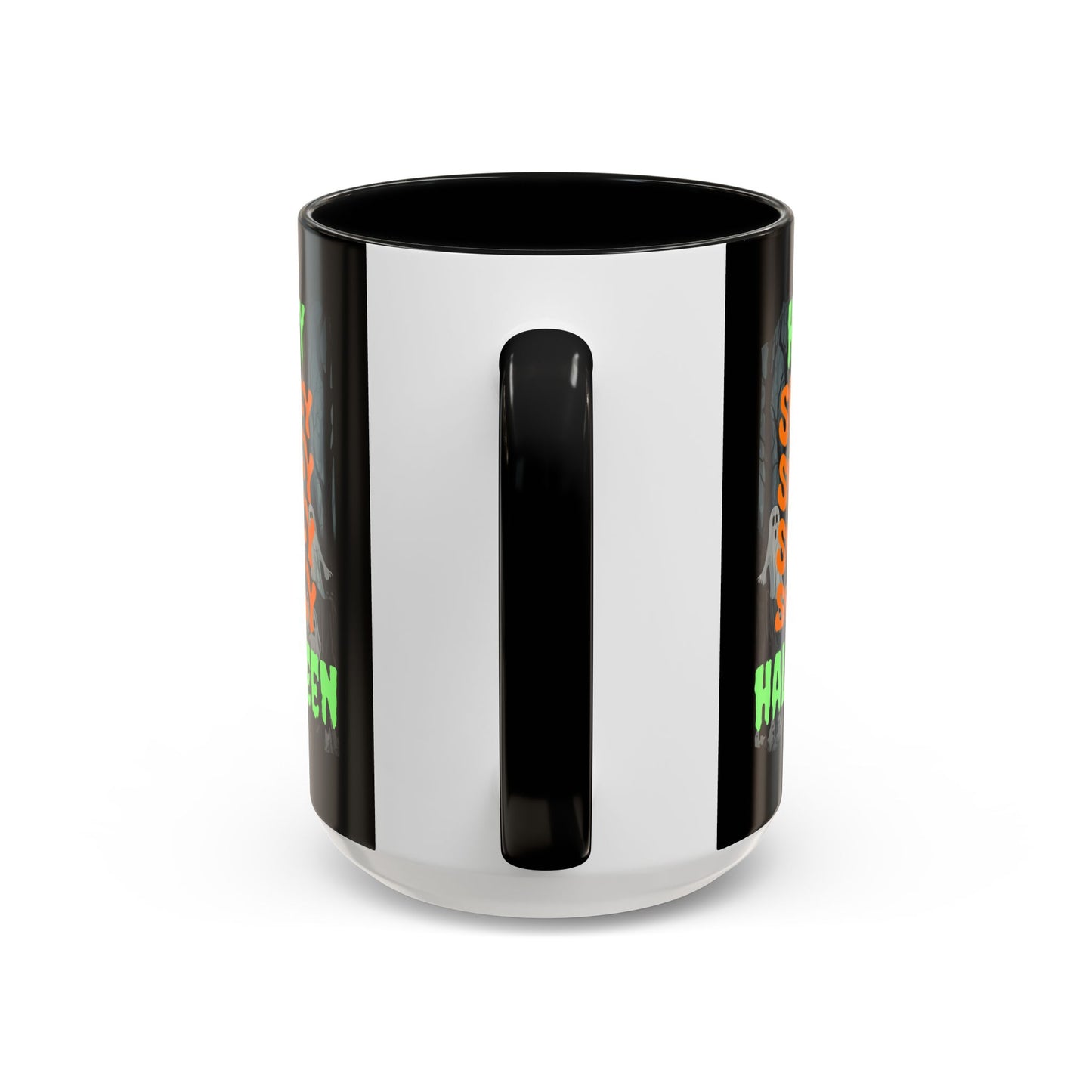 Spooky Happy Halloween Ghost Green font Black Accent Mug by CreepyCrafts.boo