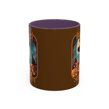 Blessed Samhain Cute Witch Orange font Brown Accent Mug by CreepyCrafts.boo