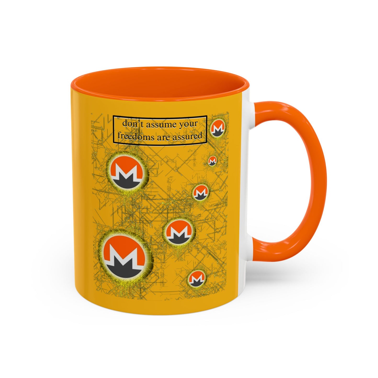 Monero (XMR) don't assume your freedoms are assured Yellow Accent Mug by cypherpunkgear.com