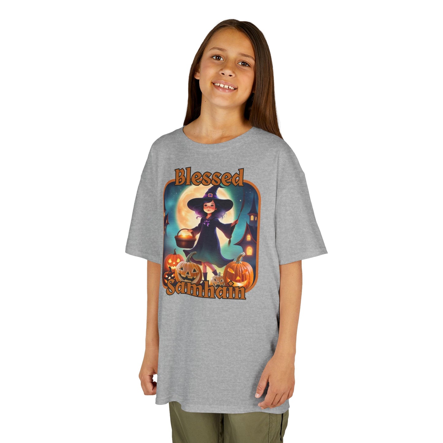 Blessed Samhain Little Witch Orange font Kids Heavy Cotton™ Tee by CreepyCrafts.boo