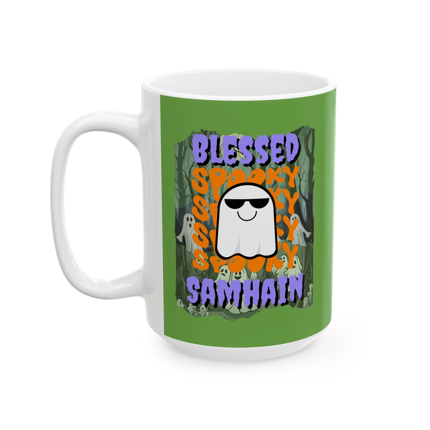 Spooky Blessed Samhain Ghost Purple font Green Mug by CreepyCrafts.boo