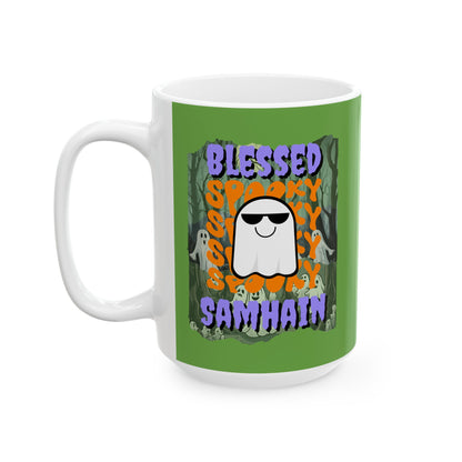 Spooky Blessed Samhain Ghost Purple font Green Mug by CreepyCrafts.boo