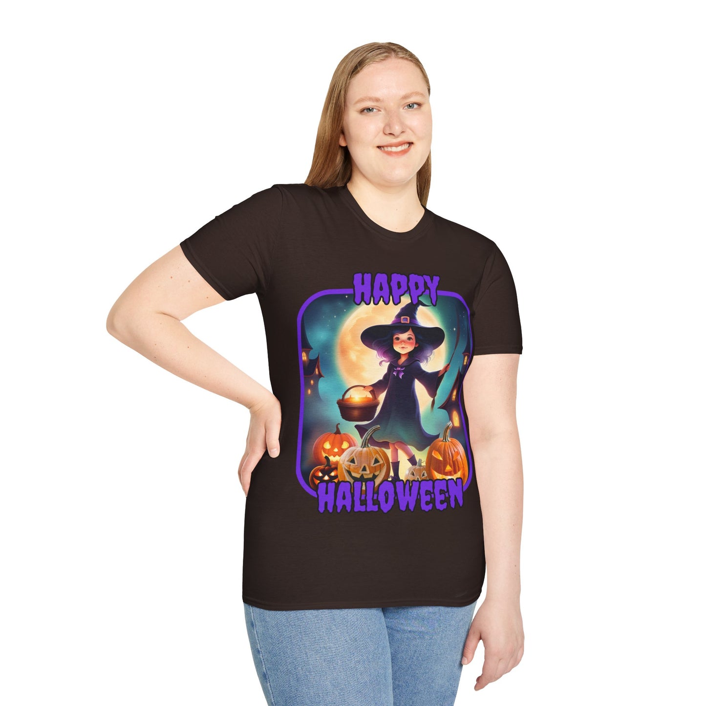 Happy Halloween Little Witch Purple font, Dark colors, Unisex T-Shirt by CreepyCrafts.boo