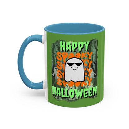 Spooky Happy Halloween Ghost Green font Green Accent Mug by CreepyCrafts.boo