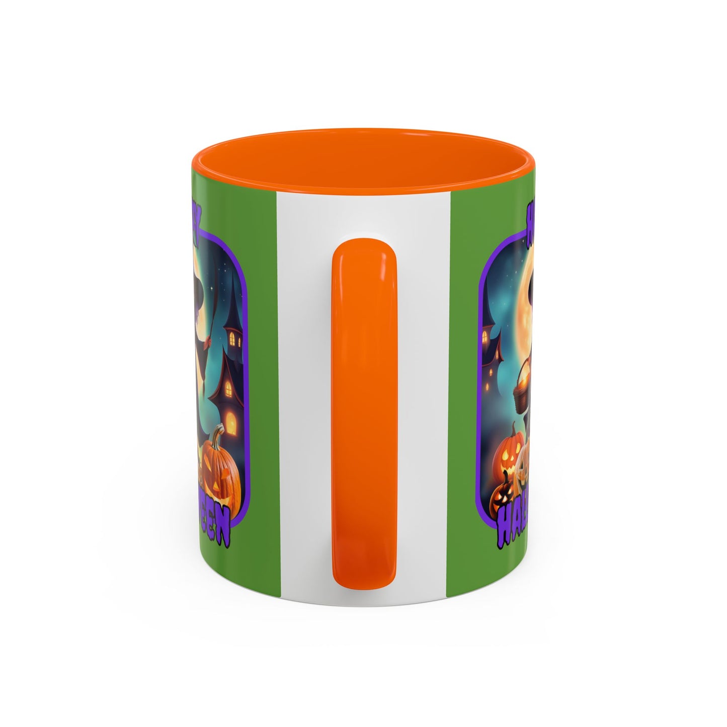 Happy Halloween Little Witch Purple font Green Accent Mug by CreepyCrafts.boo