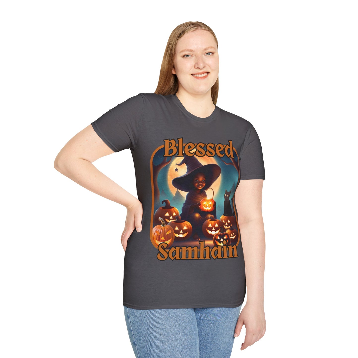 Blessed Samhain Cute Witch Orange font Dark colors Unisex T-Shirt by CreepyCrafts.boo