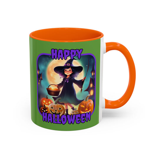 Happy Halloween Little Witch Purple font Green Accent Mug by CreepyCrafts.boo
