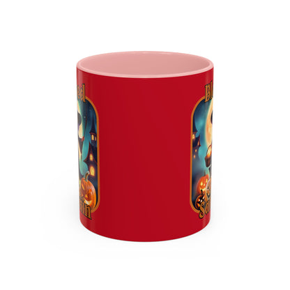 Blessed Samhain Little Witch Orange font Red Accent Mug by CreepyCrafts.boo
