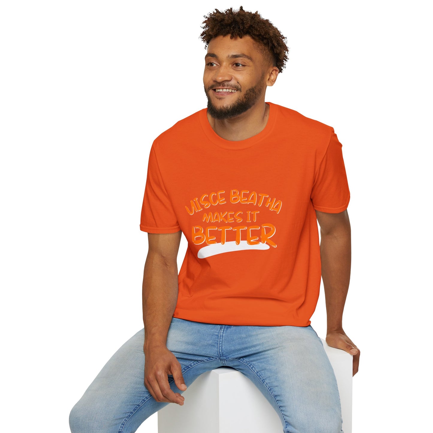 Uisce Beatha makes it better Orange font Light colors Unisex T-Shirt by cypherpunkgear.com