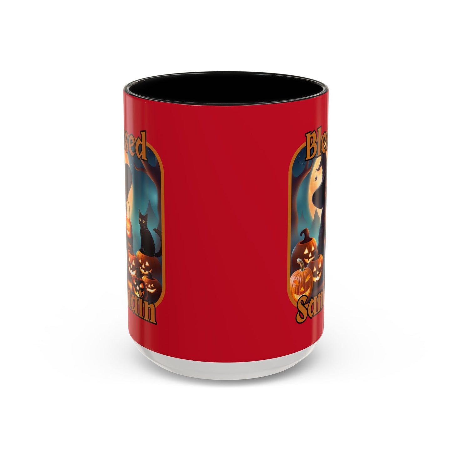 Blessed Samhain Cute Witch Orange font Red Accent Mug by CreepyCrafts.boo