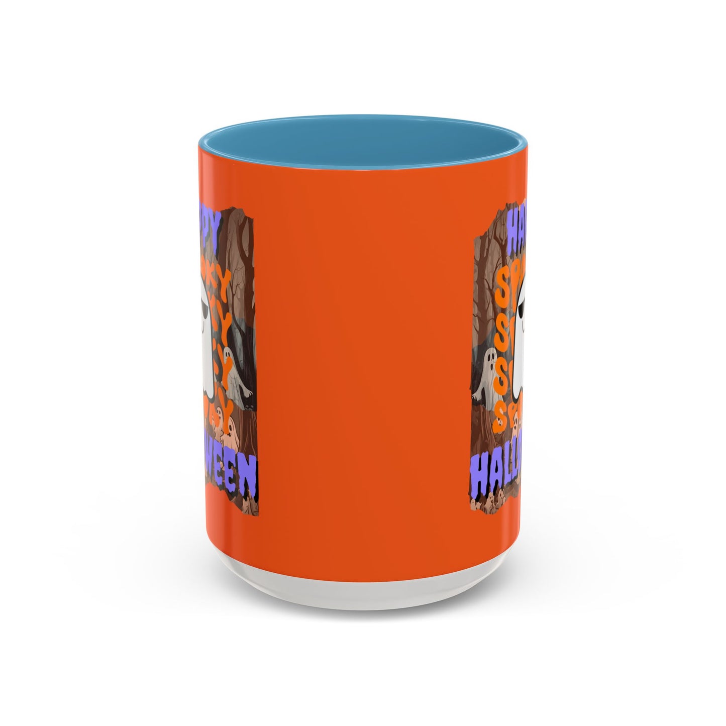 Spooky Happy Halloween Ghost Purple font Orange Accent Mug by CreepyCrafts.boo