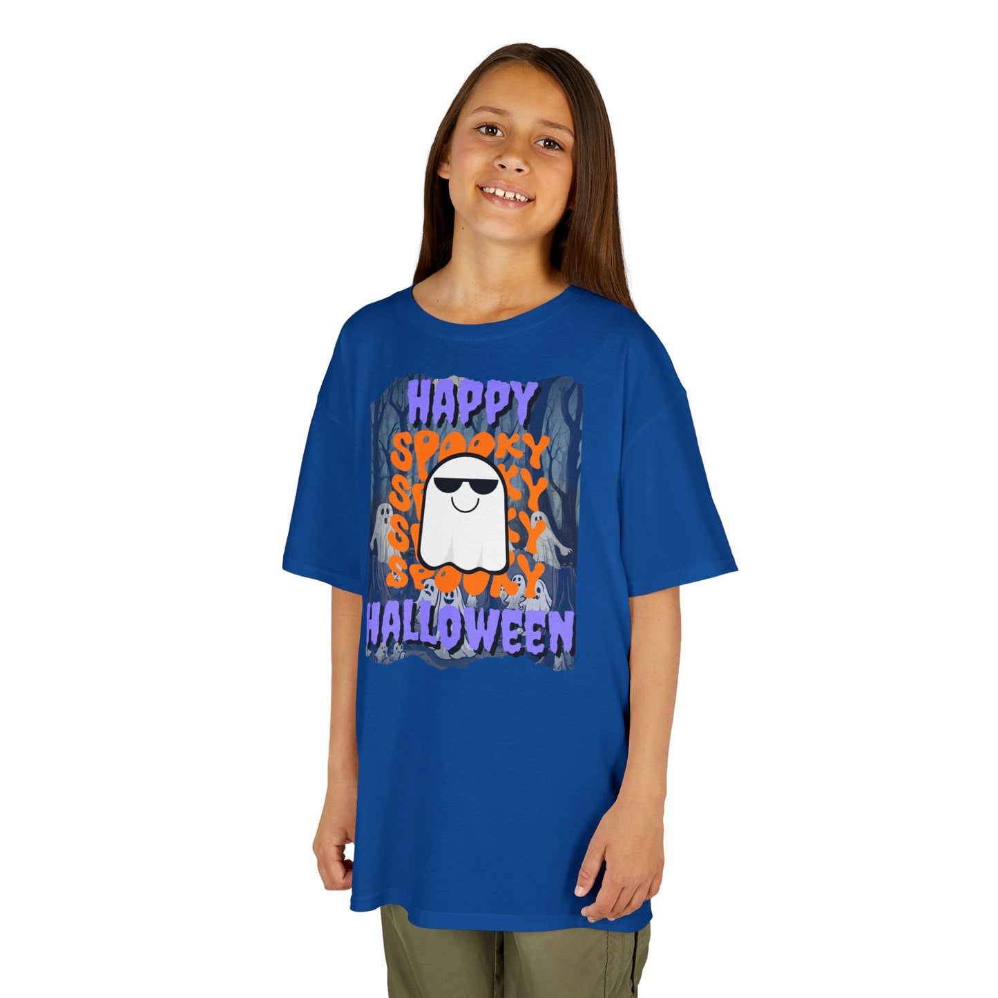 Spooky Happy Halloween Ghost Purple font Kids Heavy Cotton™ Tee by CreepyCrafts.boo