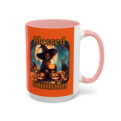 Blessed Samhain Cute Witch Orange font Orange Accent Mug by CreepyCrafts.boo