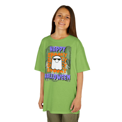 Spooky Happy Halloween Ghost Purple font Kids Heavy Cotton™ Tee by CreepyCrafts.boo