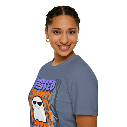 Spooky Blessed Samhain Ghost Purple font Unisex T-Shirt by CreepyCrafts.boo