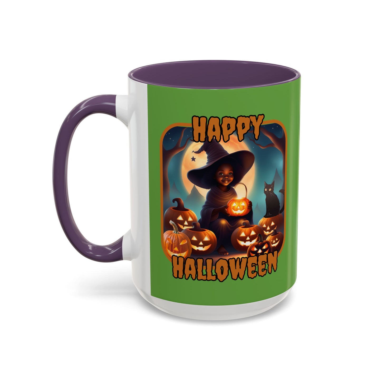 Happy Halloween Cute Witch Orange font Green Accent Mug by CreepyCrafts.boo
