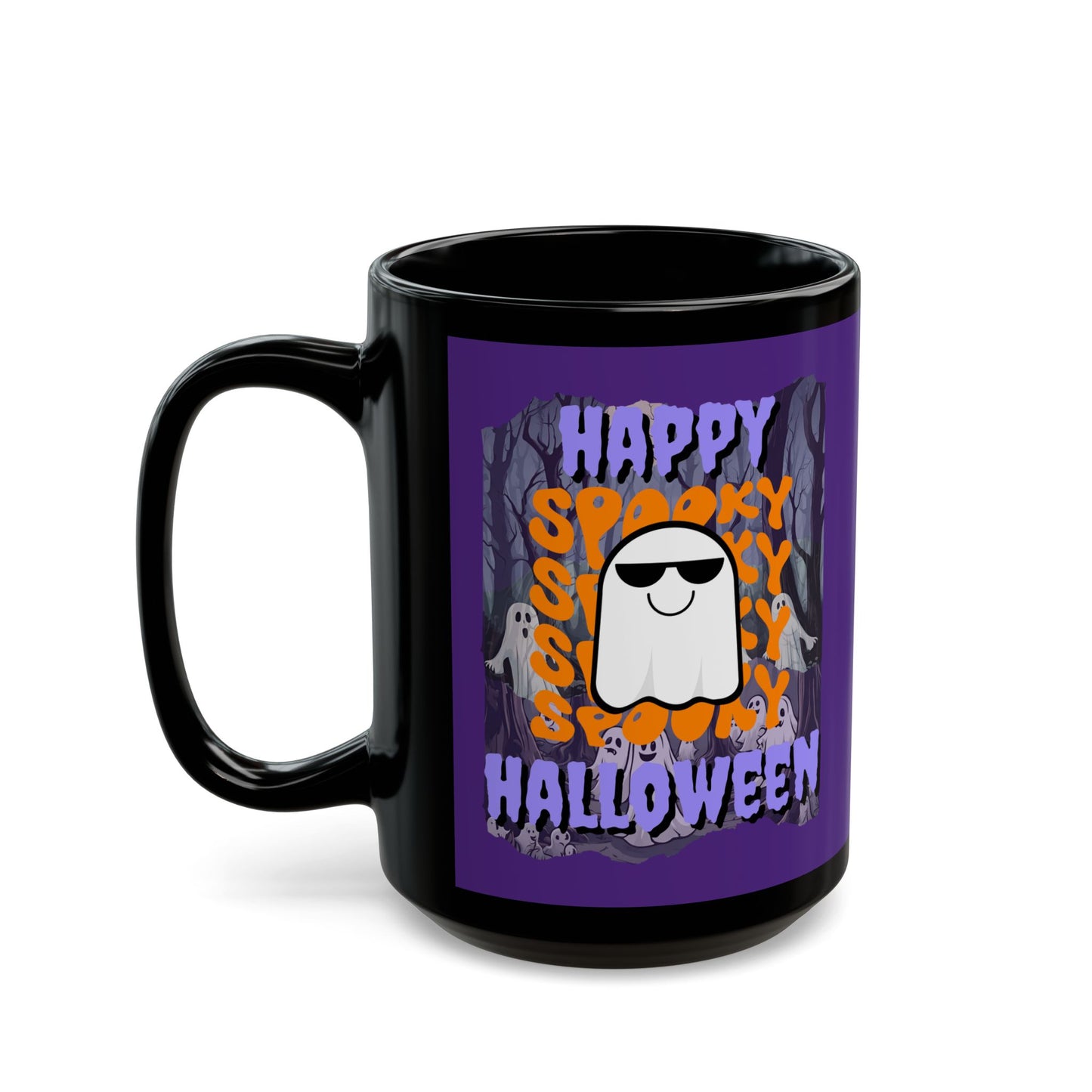 Spooky Happy Halloween Ghost Purple font Purple Mug by CreepyCrafts.boo