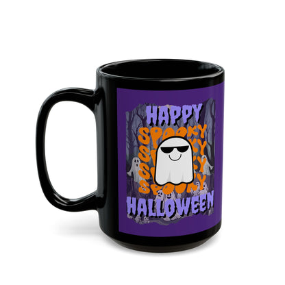 Spooky Happy Halloween Ghost Purple font Purple Mug by CreepyCrafts.boo