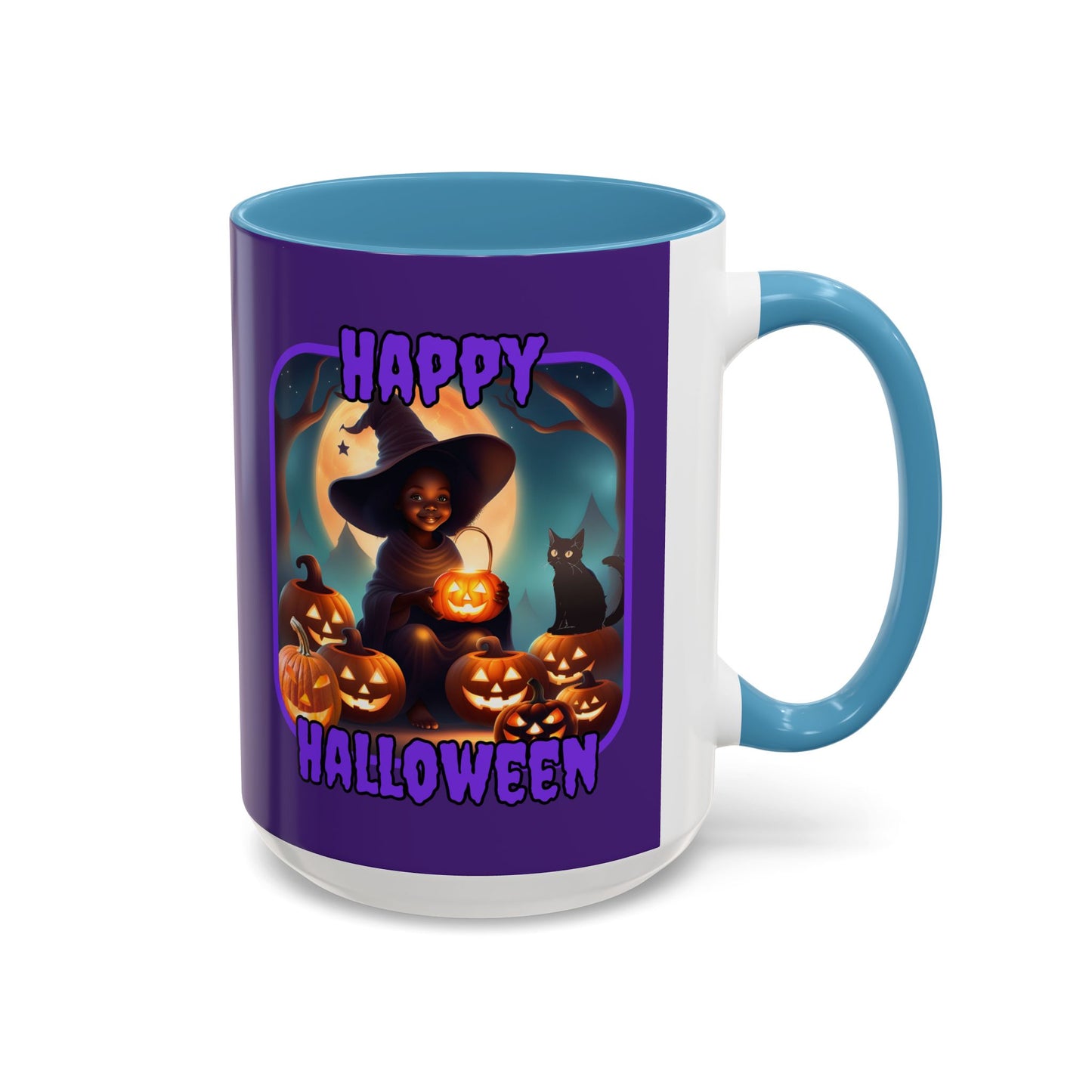 Happy Halloween Cute Witch Purple font Purple Accent Mug by CreepyCrafts.boo