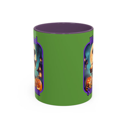 Blessed Samhain Little Witch Purple font Green Accent Mug by CreepyCrafts.boo