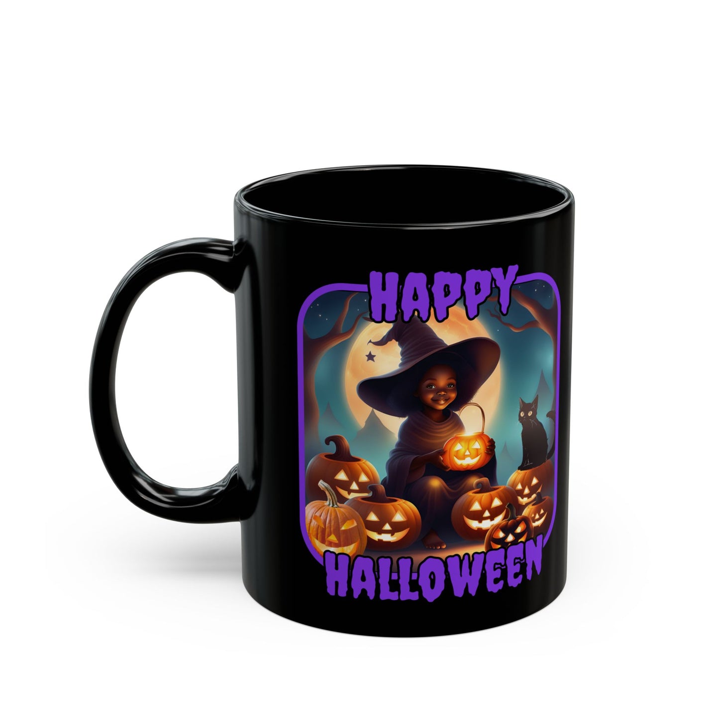 Happy Halloween Cute Witch Purple font Black Mug by CreepyCrafts.boo